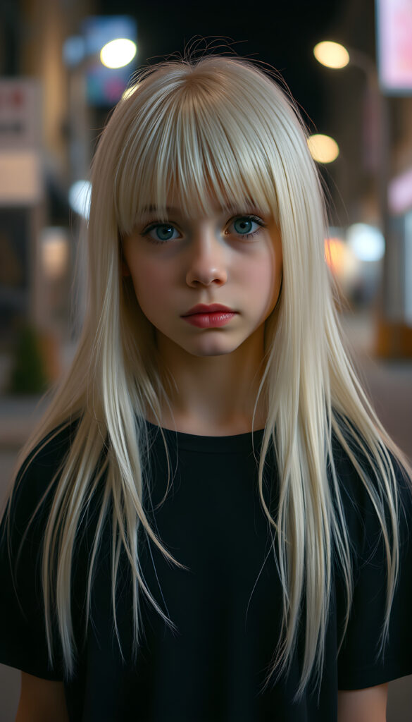 a young innocent Emo girl, long straight platinum white soft hair falls over her body, bangs cut frame her face, same length, plain black dressed, night, alone in the street