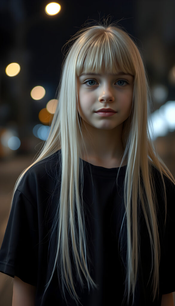 a young innocent Emo girl, long straight platinum white soft hair falls over her body, bangs cut frame her face, same length, plain black dressed, night, alone in the street
