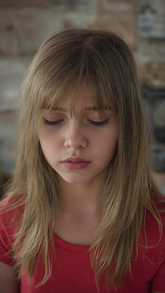 a young girl, wears a tight, short red T-shirt, closed eyes, slightly open mouth, long, straight soft hair falls elegantly over her shoulders