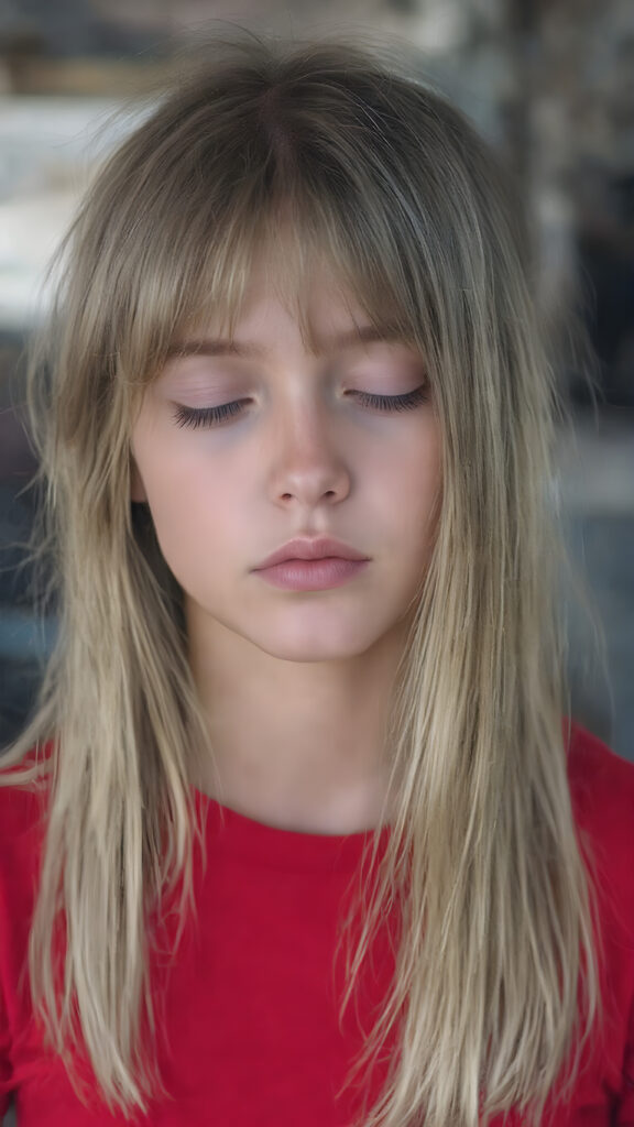 a young girl, wears a tight, short red T-shirt, closed eyes, slightly open mouth, long, straight soft blond brown hair falls elegantly over her shoulders, full lips, round face