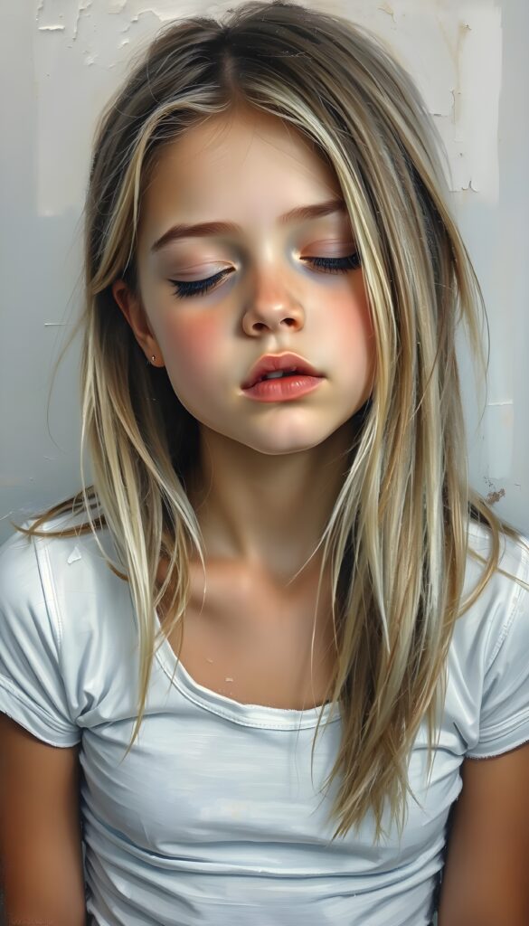 a young girl, wears a tight, short +COLOR T-shirt, closed eyes, slightly open mouth, long, straight soft blond hair and brown highlights falls elegantly over her shoulders, full lips, round face.