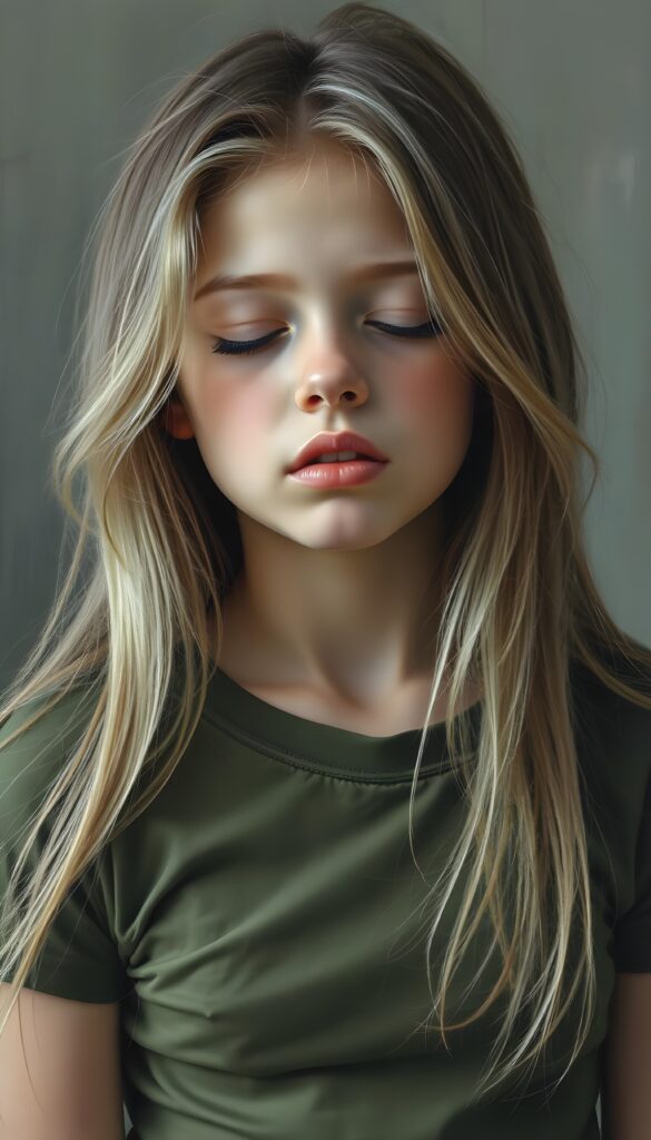 a young girl, wears a tight, short +COLOR T-shirt, closed eyes, slightly open mouth, long, straight soft blond hair and brown highlights falls elegantly over her shoulders, full lips, round face.