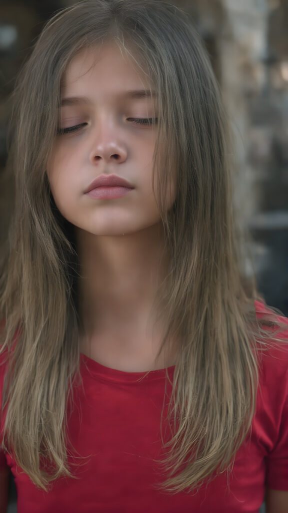 a young girl, wears a tight, short red T-shirt, closed eyes, slightly open mouth, long, straight soft hair falls elegantly over her shoulders