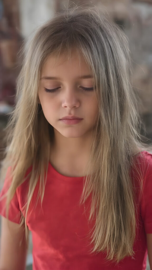 a young girl, wears a tight, short red T-shirt, closed eyes, slightly open mouth, long, straight soft hair falls elegantly over her shoulders