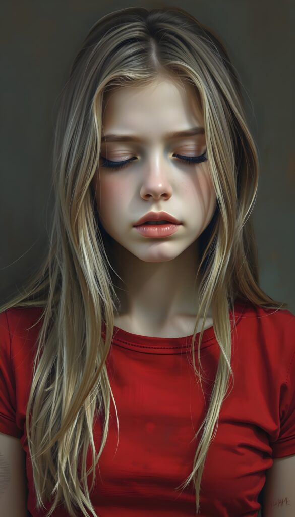 a young girl, wears a tight, short +COLOR T-shirt, closed eyes, slightly open mouth, long, straight soft blond hair and brown highlights falls elegantly over her shoulders, full lips, round face.