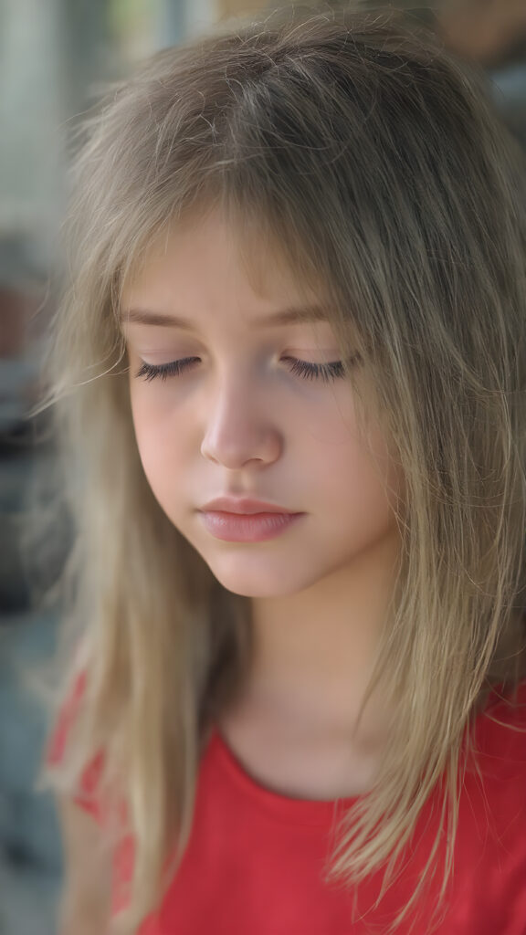 a young girl, wears a tight, short red T-shirt, closed eyes, slightly open mouth, long, straight soft blond brown hair falls elegantly over her shoulders, full lips, round face