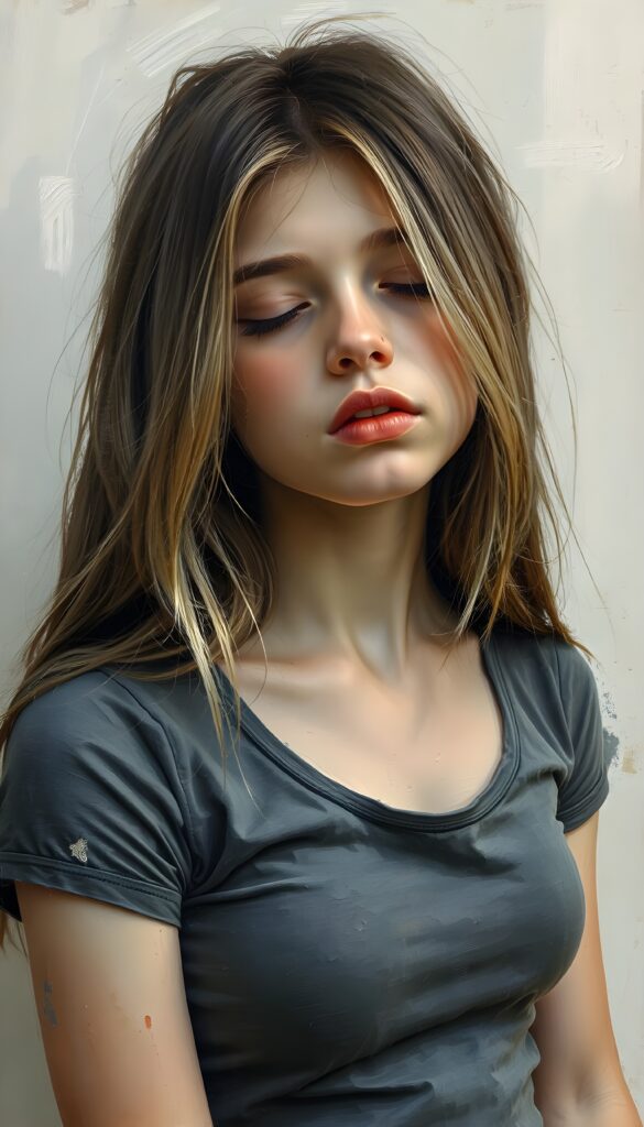 a young girl, wears a tight, short +COLOR T-shirt, closed eyes, slightly open mouth, long, straight soft blond hair and brown highlights falls elegantly over her shoulders, full lips, round face.