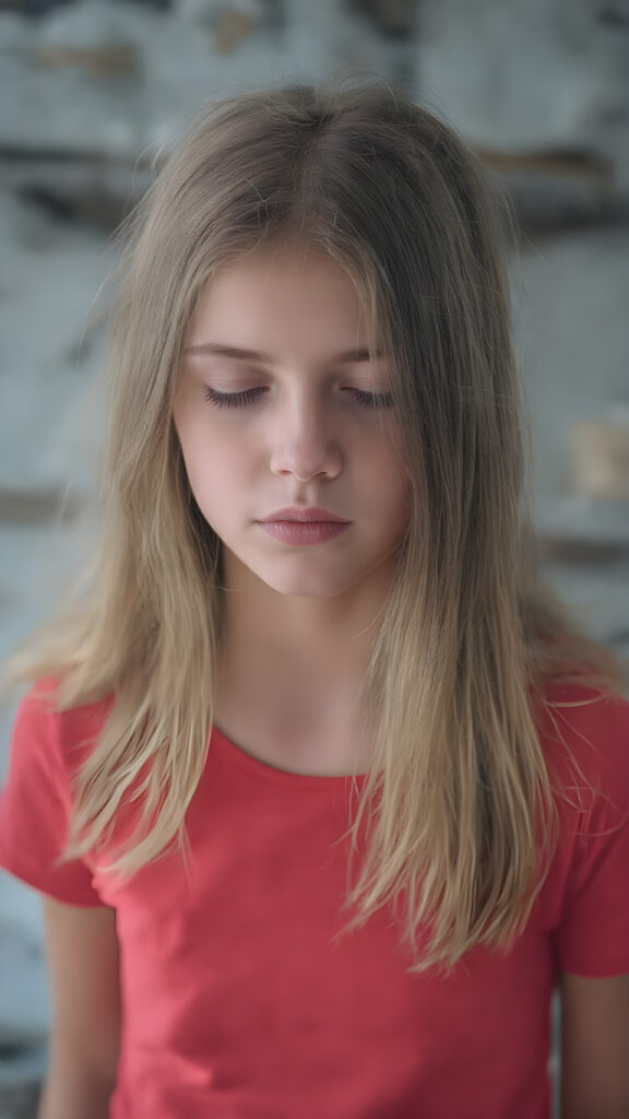 a young girl, wears a tight, short red T-shirt, closed eyes, slightly open mouth, long, straight soft blond brown hair falls elegantly over her shoulders, full lips, round face