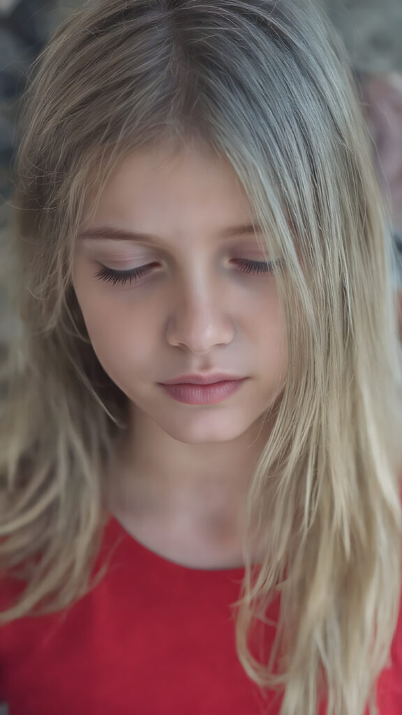 a young girl, wears a tight, short red T-shirt, closed eyes, slightly open mouth, long, straight soft blond brown hair falls elegantly over her shoulders, full lips, round face