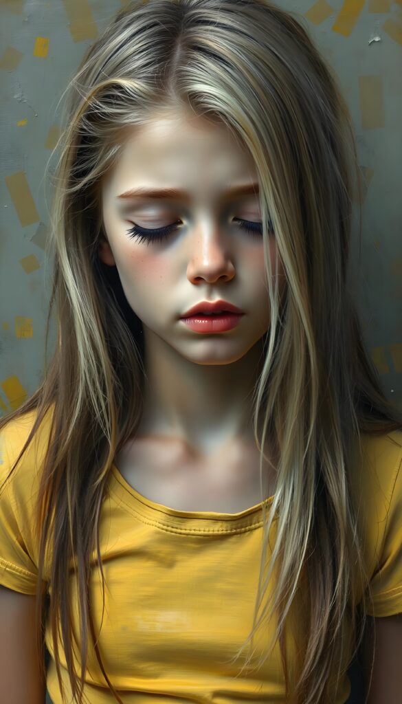 a young girl, wears a tight, short +COLOR T-shirt, closed eyes, slightly open mouth, long, straight soft blond hair and brown highlights falls elegantly over her shoulders, full lips, round face.