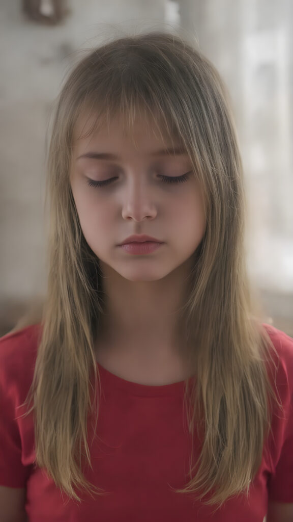 a young girl, wears a tight, short red T-shirt, closed eyes, slightly open mouth, long, straight soft hair falls elegantly over her shoulders