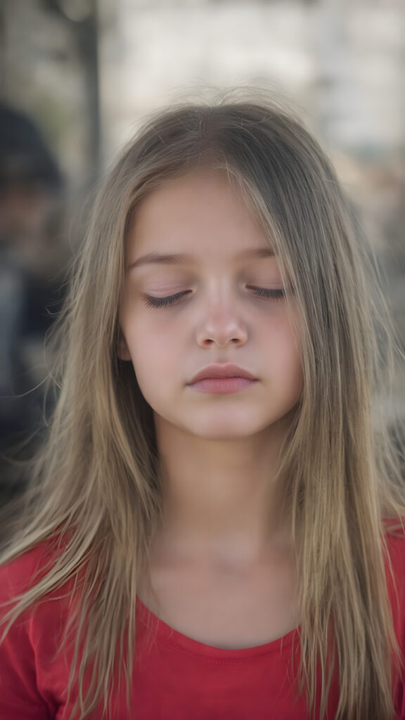 a young girl, wears a tight, short red T-shirt, closed eyes, slightly open mouth, long, straight soft hair falls elegantly over her shoulders