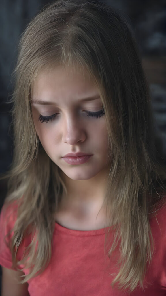 a young girl, wears a tight, short red T-shirt, closed eyes, slightly open mouth, long, straight soft hair falls elegantly over her shoulders
