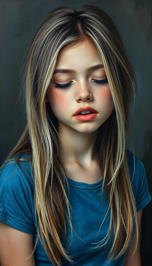 a young girl, wears a tight, short +COLOR T-shirt, closed eyes, slightly open mouth, long, straight soft blond hair and brown highlights falls elegantly over her shoulders, full lips, round face.