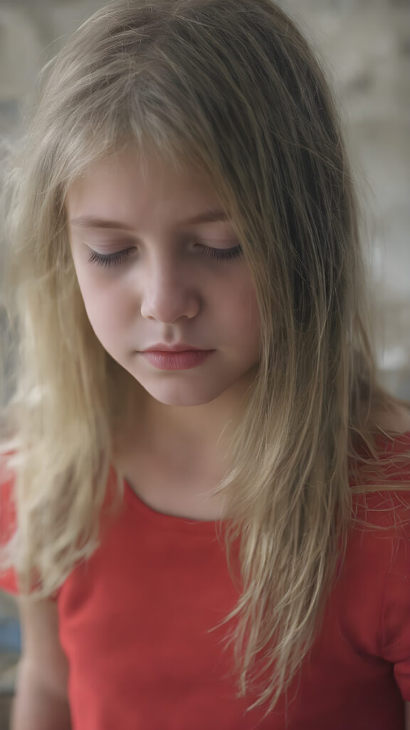 a young girl, wears a tight, short red T-shirt, closed eyes, slightly open mouth, long, straight soft blond brown hair falls elegantly over her shoulders, full lips, round face