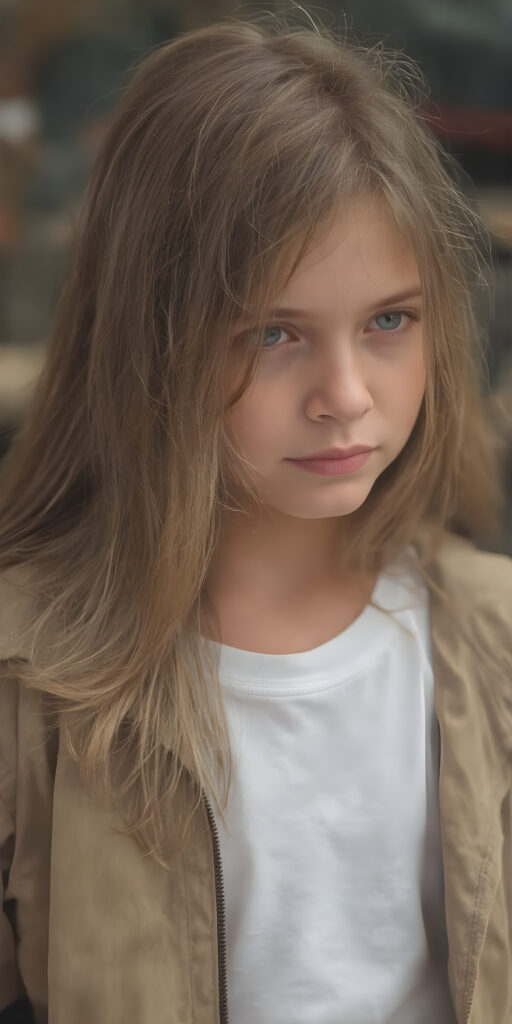 a young girl wears a jacket, the jacket is open, underneath she wears a white t-shirt, she has long, straight soft hair