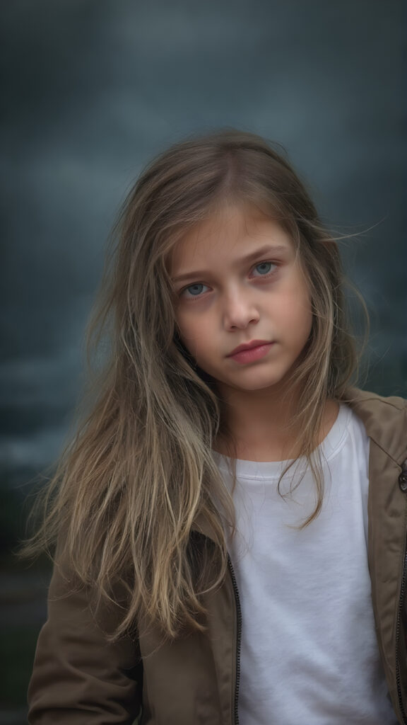 a young girl wears a jacket, the jacket is open, underneath she wears a white t-shirt, she has long, straight wet dark blond hair and stands in heavy rain, dark clouds in backdrop