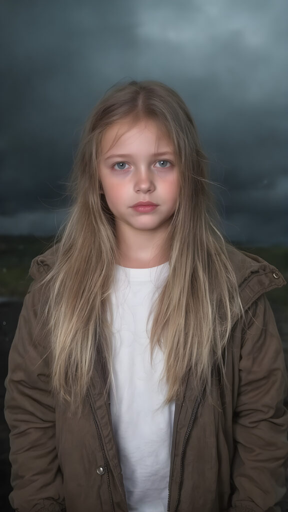 a young girl wears a jacket, the jacket is open, underneath she wears a white t-shirt, she has long, straight wet dark blond hair and stands in heavy rain, dark clouds in backdrop