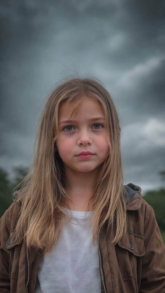 a young girl wears a jacket, the jacket is open, underneath she wears a white t-shirt, she has long, straight wet dark blond hair and stands in heavy rain, dark clouds in backdrop