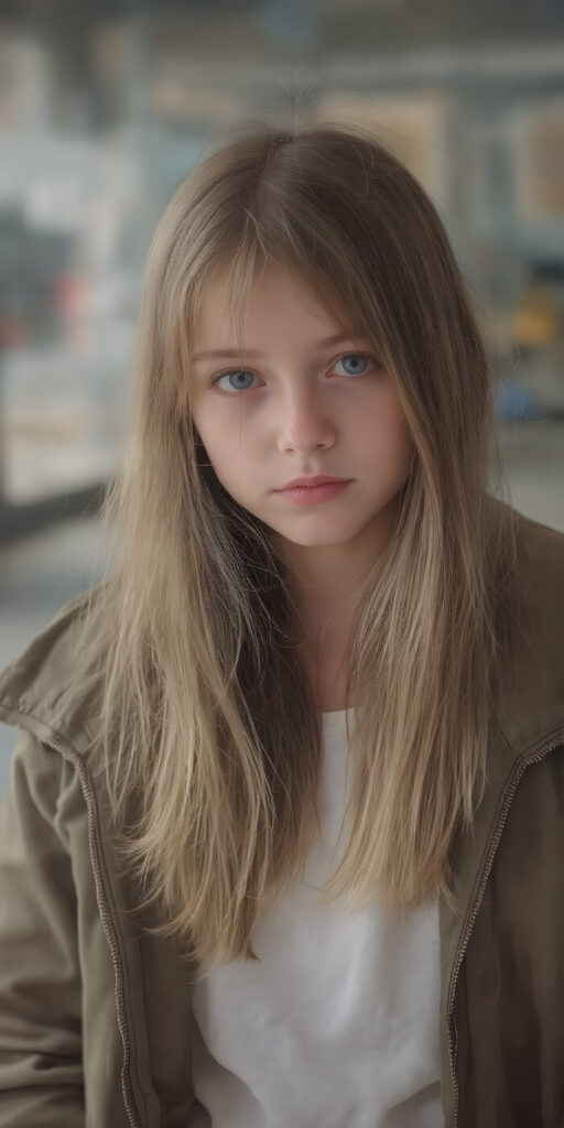 a young girl wears a jacket, the jacket is open, underneath she wears a white t-shirt, she has long, straight soft hair