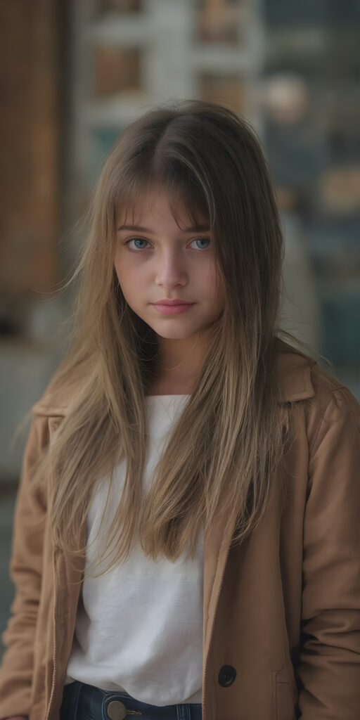 a young girl wears a jacket, the jacket is open, underneath she wears a white t-shirt, she has long, straight soft hair