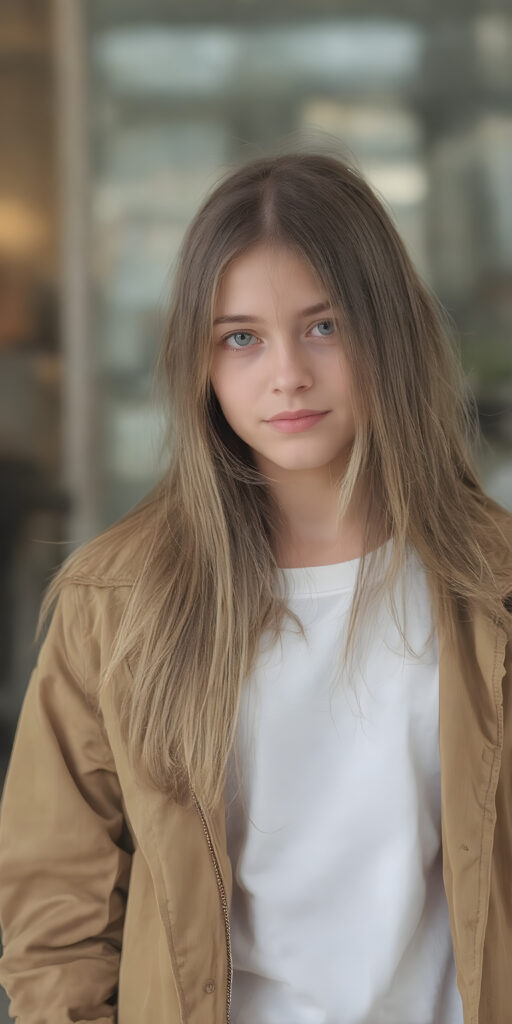 a young girl wears a jacket, the jacket is open, underneath she wears a white t-shirt, she has long, straight soft hair