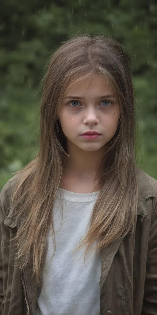 a young girl wears a jacket, the jacket is open, underneath she wears a white t-shirt, she has long, straight wet dark blond hair and stands in heavy rain in a natural green backdrop