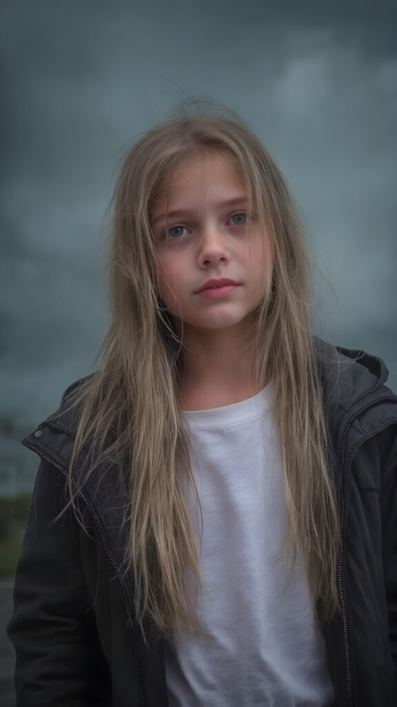 a young girl wears a jacket, the jacket is open, underneath she wears a white t-shirt, she has long, straight wet dark blond hair and stands in heavy rain, dark clouds in backdrop
