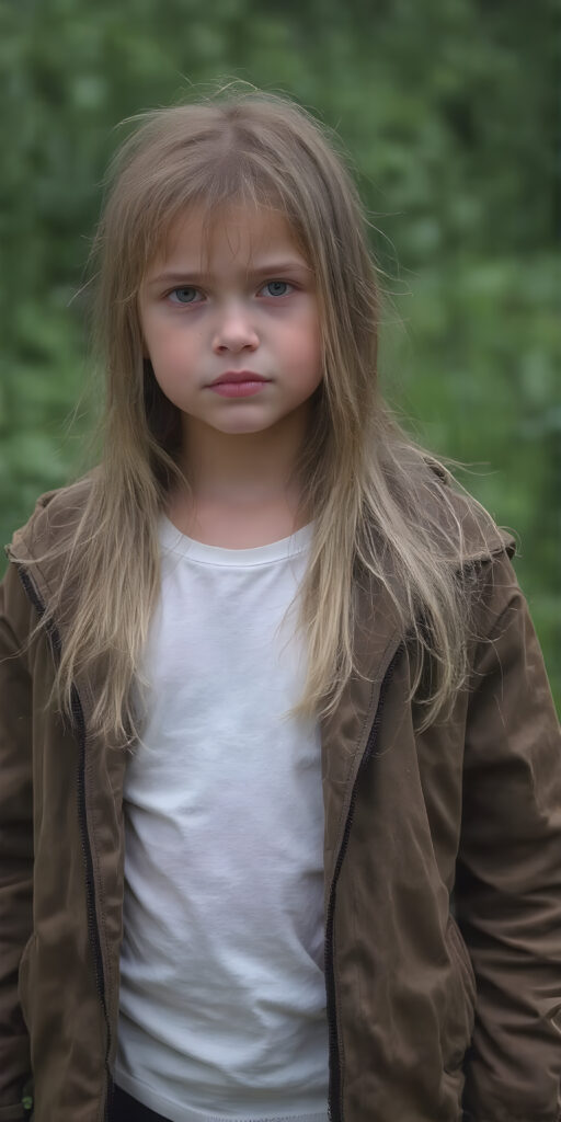 a young girl wears a jacket, the jacket is open, underneath she wears a white t-shirt, she has long, straight wet dark blond hair and stands in heavy rain in a natural green backdrop