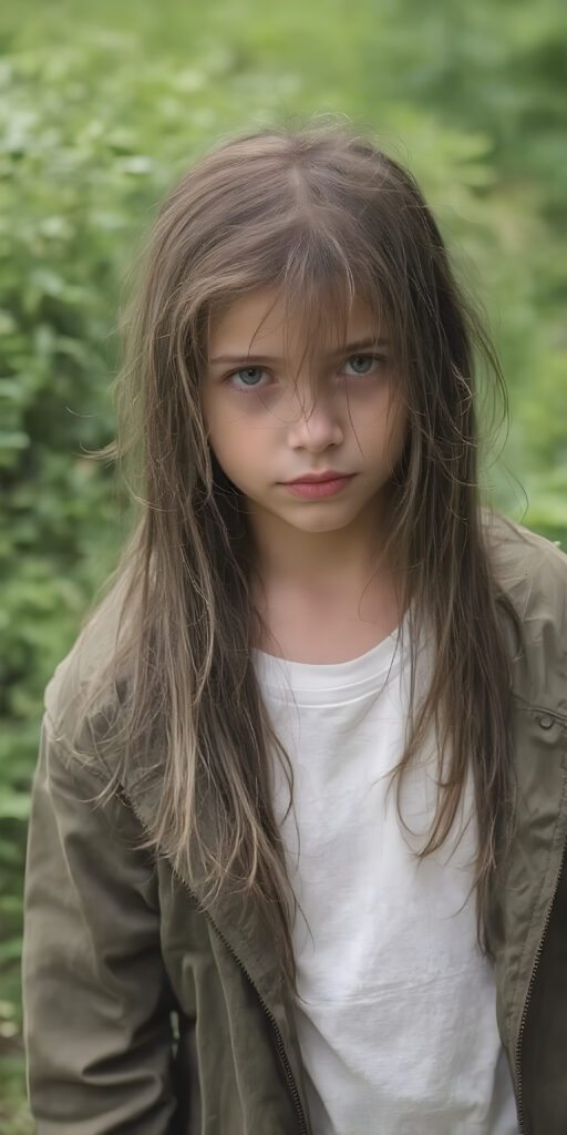 a young girl wears a jacket, the jacket is open, underneath she wears a white t-shirt, she has long, straight wet dark blond hair and stands in heavy rain in a natural green backdrop
