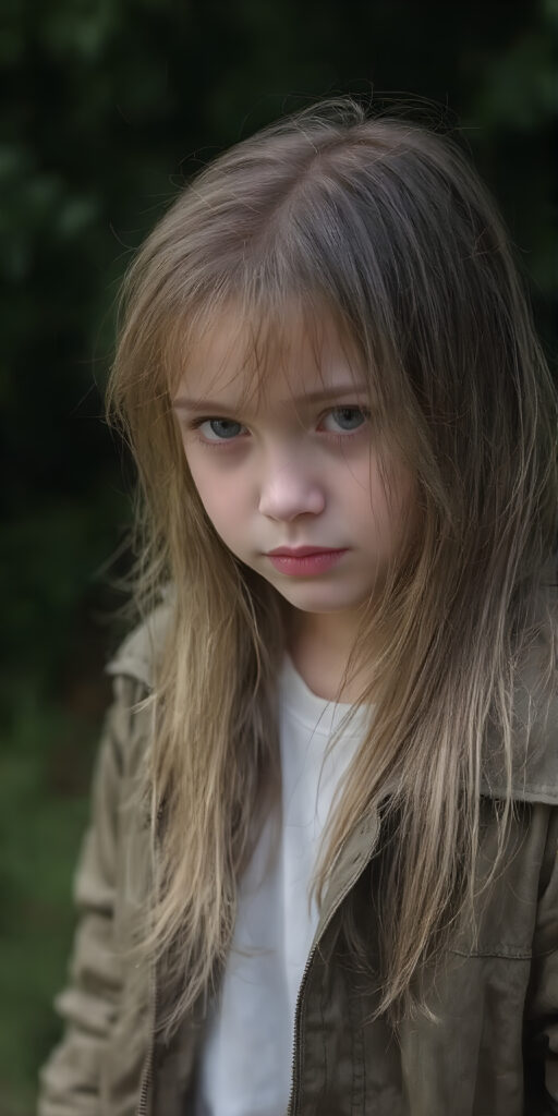 a young girl wears a jacket, the jacket is open, underneath she wears a white t-shirt, she has long, straight wet dark blond hair and stands in heavy rain in a natural green backdrop