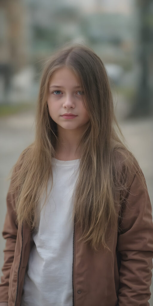 a young girl wears a jacket, the jacket is open, underneath she wears a white t-shirt, she has long, straight soft hair