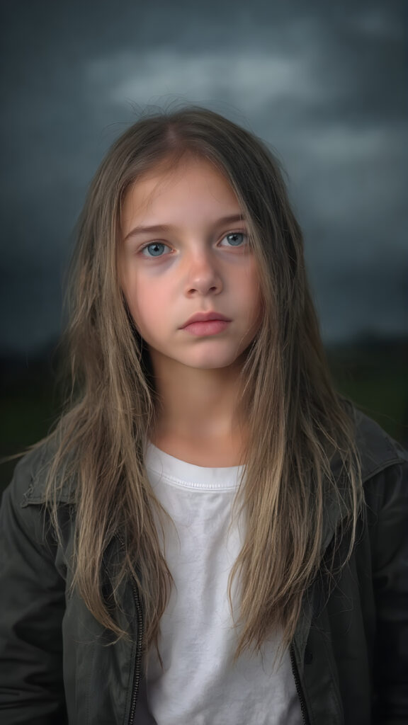 a young girl wears a jacket, the jacket is open, underneath she wears a white t-shirt, she has long, straight wet dark blond hair and stands in heavy rain, dark clouds in backdrop