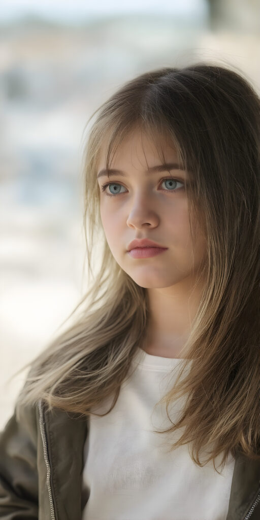 a young girl wears a jacket, the jacket is open, underneath she wears a white t-shirt, she has long, straight soft hair