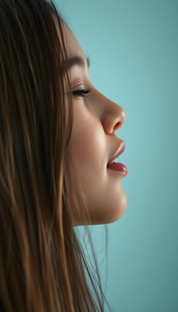 a young girl with long straight hair, in front, closed eyes, round face, full kissable lips, mouth wide open and looks up, white teeth, light blue backdrop, side view