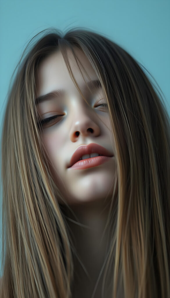 a young girl with long straight hair, in front, closed eyes, round face, full kissable lips, mouth wide open and looks up, white teeth, light blue backdrop, side view