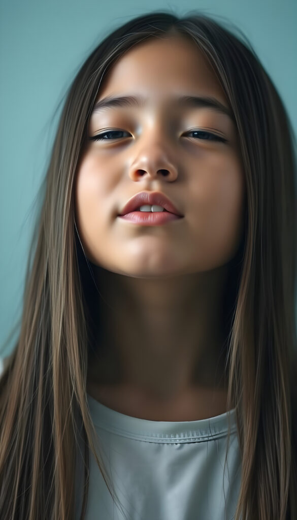 a young girl with long straight hair, in front, closed eyes, round face, full kissable lips, mouth wide open and looks up, white teeth, light blue backdrop, side view