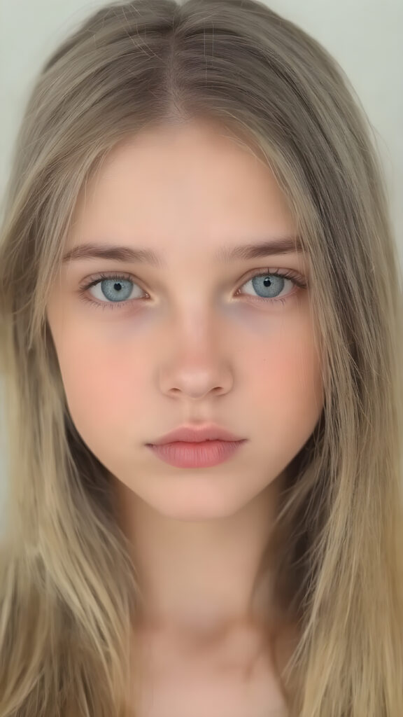 a young girl with smooth and straight brown and golden hair, her hair falls elegantly over her upper body, perfect makeup, red lips, black eyebrows, small perfect nose and realistic green eyes. She has a flawless beautiful round face, very detailed and realistic, her head is centered in the photo