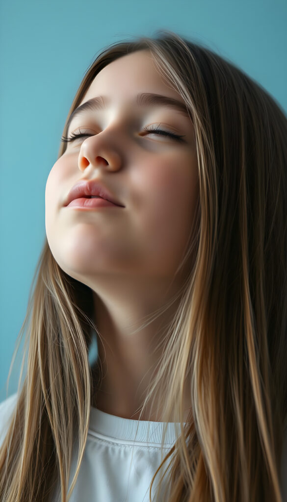 a young girl with long straight hair, in front, closed eyes, round face, full kissable lips, mouth wide open and looks up, white teeth, light blue backdrop, side view