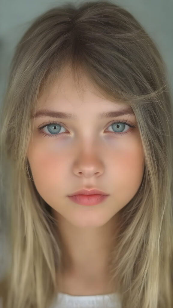 a young girl with smooth and straight brown and golden hair, her hair falls elegantly over her upper body, perfect makeup, red lips, black eyebrows, small perfect nose and realistic green eyes. She has a flawless beautiful round face, very detailed and realistic, her head is centered in the photo