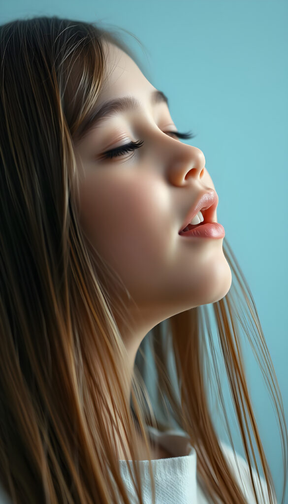 a young girl with long straight hair, in front, closed eyes, round face, full kissable lips, mouth wide open and looks up, white teeth, light blue backdrop, side view