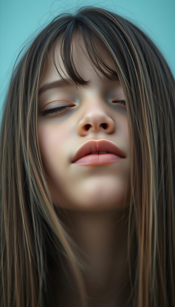 a young girl with long straight hair, in front, closed eyes, round face, full kissable lips, mouth wide open and looks up, white teeth, light blue backdrop, side view