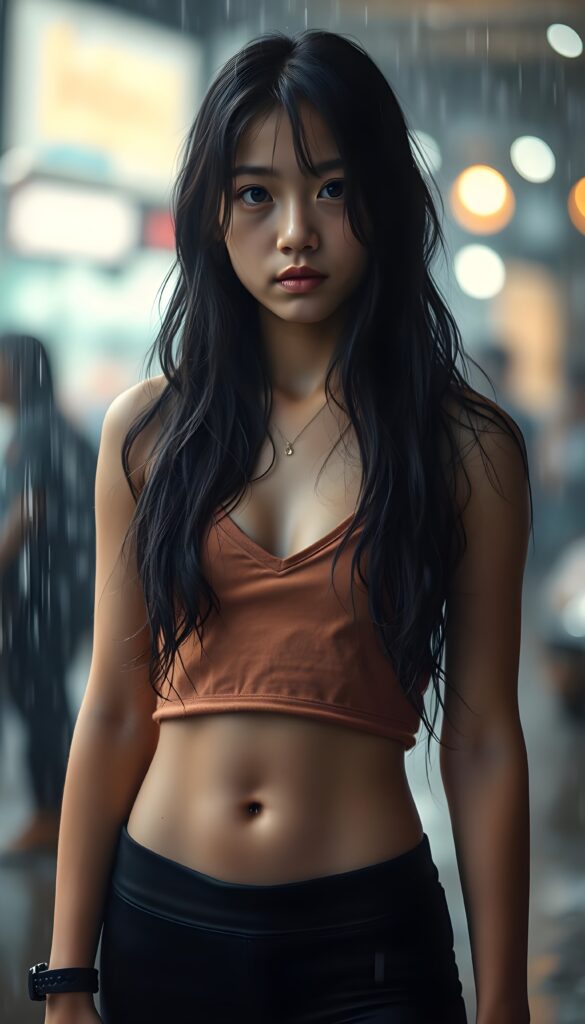 a young girl with cropped tank top, deep v-neck, leggins, long wavy straight black hair, ((accentuating her ((navel)), stand in heavy summer rain, wet hair