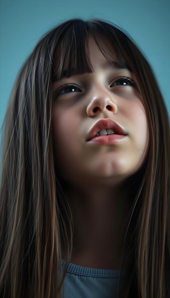 a young girl with long straight hair, in front, closed eyes, round face, full kissable lips, mouth wide open and looks up, white teeth, light blue backdrop, side view