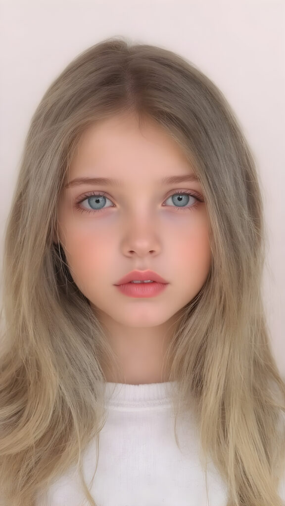 a young girl with smooth and straight brown and golden hair, her hair falls elegantly over her upper body, perfect makeup, red lips, black eyebrows, small perfect nose and realistic green eyes. She has a flawless beautiful round face, very detailed and realistic, her head is centered in the photo