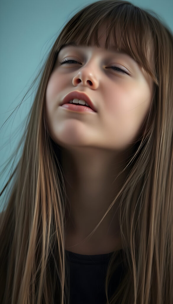 a young girl with long straight hair, in front, closed eyes, round face, full kissable lips, mouth wide open and looks up, white teeth, light blue backdrop, side view