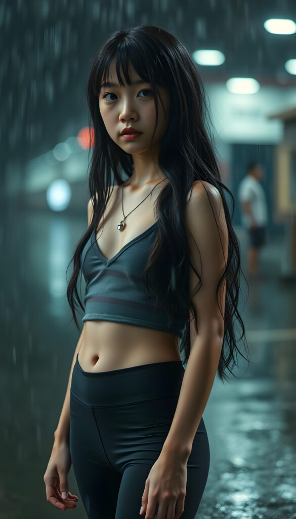 a young girl with cropped tank top, deep v-neck, leggins, long wavy straight black hair, ((accentuating her ((navel)), stand in heavy summer rain, wet hair