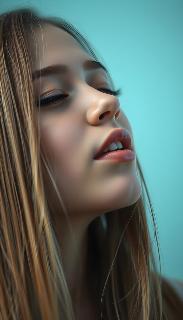 a young girl with long straight hair, in front, closed eyes, round face, full kissable lips, mouth wide open and looks up, white teeth, light blue backdrop, side view