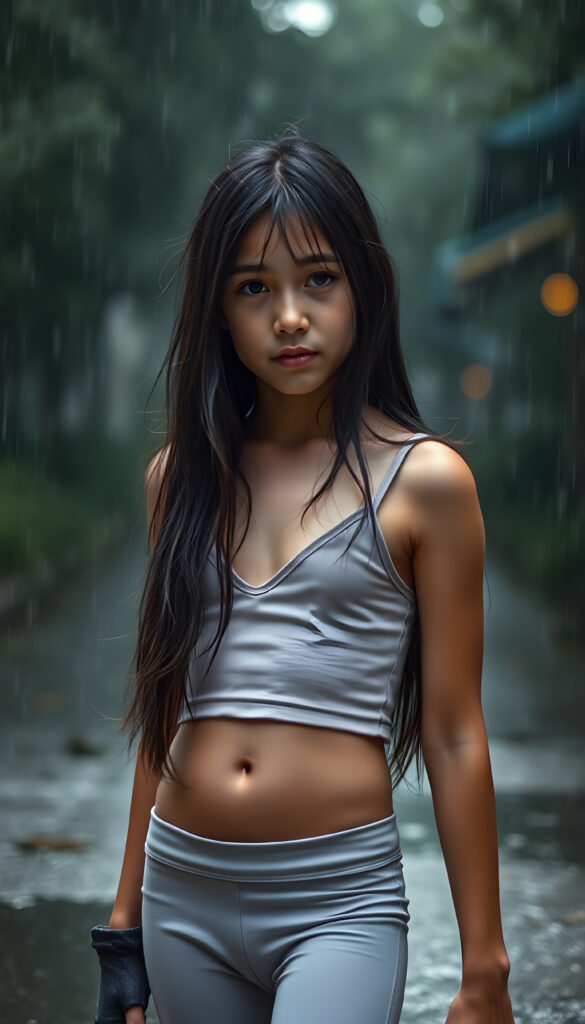 a young girl with cropped tank top, deep v-neck, leggins, long wavy straight black hair, ((accentuating her ((navel)), stand in heavy rain, wet hair