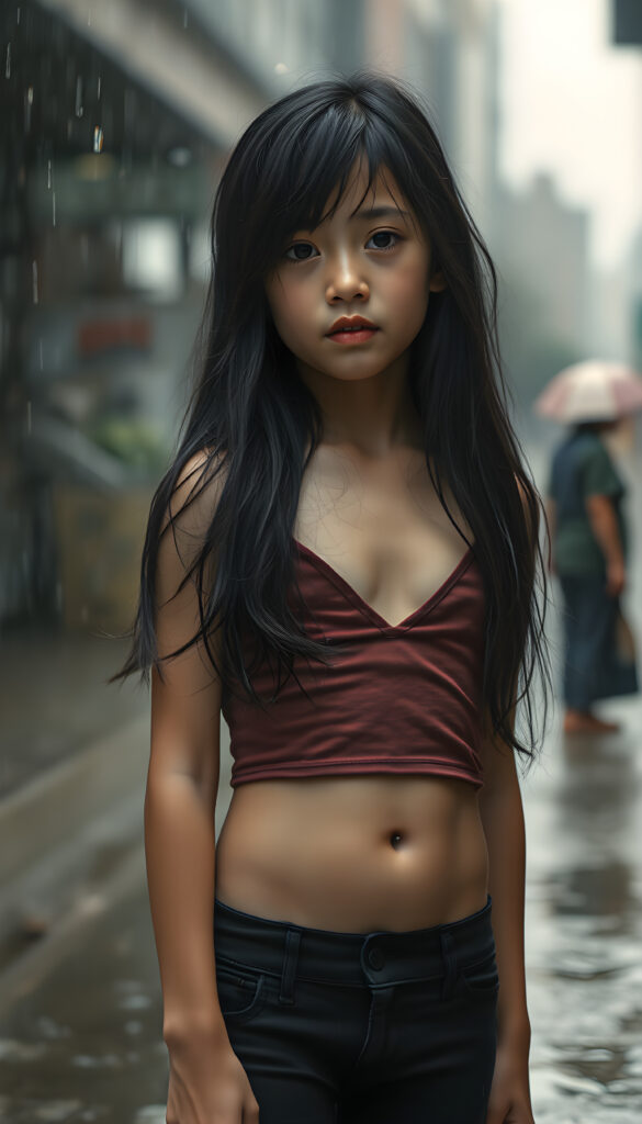 a young girl with cropped tank top, deep v-neck, leggins, long wavy straight black hair, ((accentuating her ((navel)), stand in heavy rain, wet hair